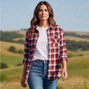 Field & Stream Red and Blue Plaid Buffalo Check Casual Barn Flannel Shirt Sz L